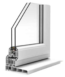 Cross-section view of a white double-glazed frame profile showing internal chambers and sealed glass unit