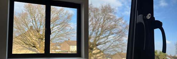 Split view of a black-framed casement interior and close-up of its locking handle with a leafy tree visible outside